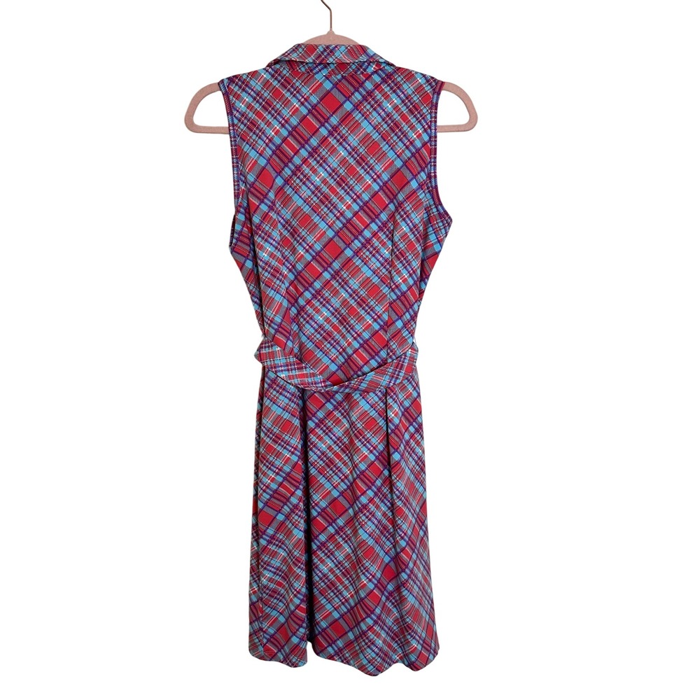 J. McLaughlin Catalina Cloth Sleeveless Dress Size S Red Blue Plaid Belted - Picture 2 of 8